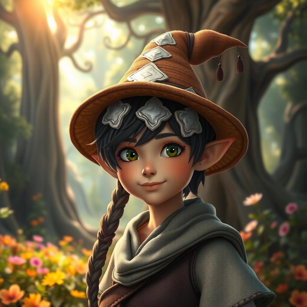 A fantasy character wearing a stylish hat adorned with white patches, set against a vibrant, mystical forest background