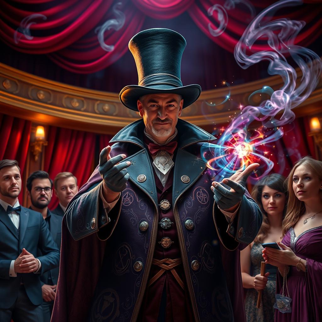 An arrogant and cunning magician manipulating a group of awed spectators, showcasing their impressive magical skills with a confident smirk