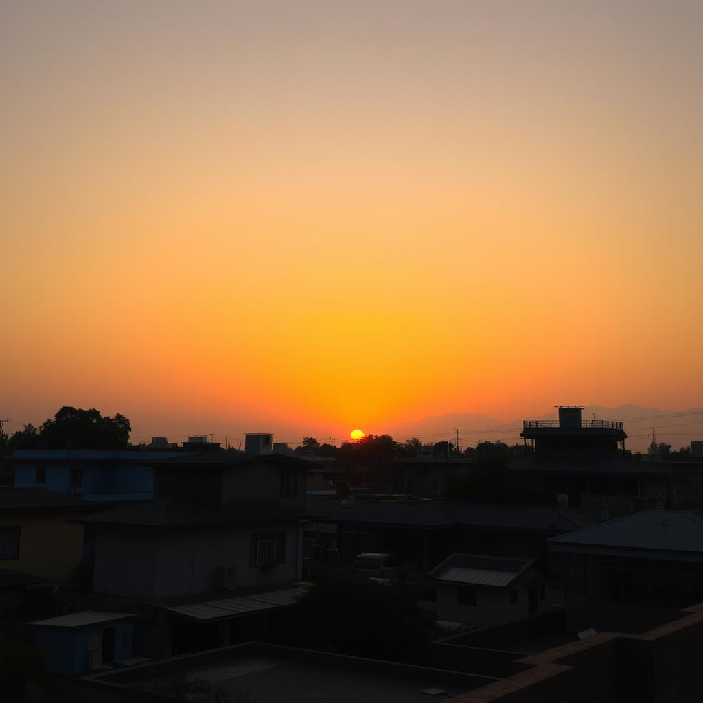 A sunset view from a terrace in a Nepalese city, showcasing a vibrant sunset sky with bright yellowish light illuminating the top of the scene and transitioning into a warm light brown hue at the bottom where the sunset light meets the rooftops