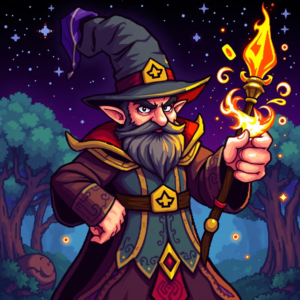 A pixel art depiction of an arrogant and cunning mage manipulator, designed in a vibrant and colorful style