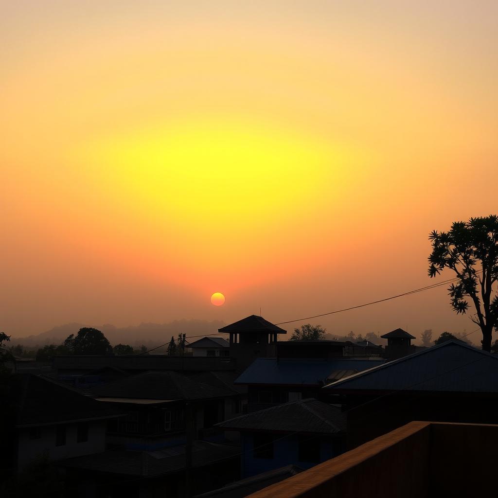 A serene sunset view from a terrace, showcasing a vibrant yellowish light illuminating the sky from the top, gradually transitioning to a warm light brown hue below where the sunset casts its glow
