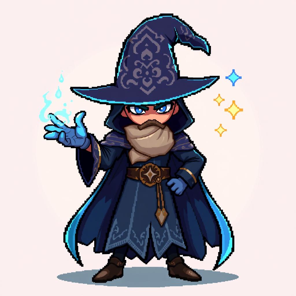 A pixel art character design of a cunning mage manipulator