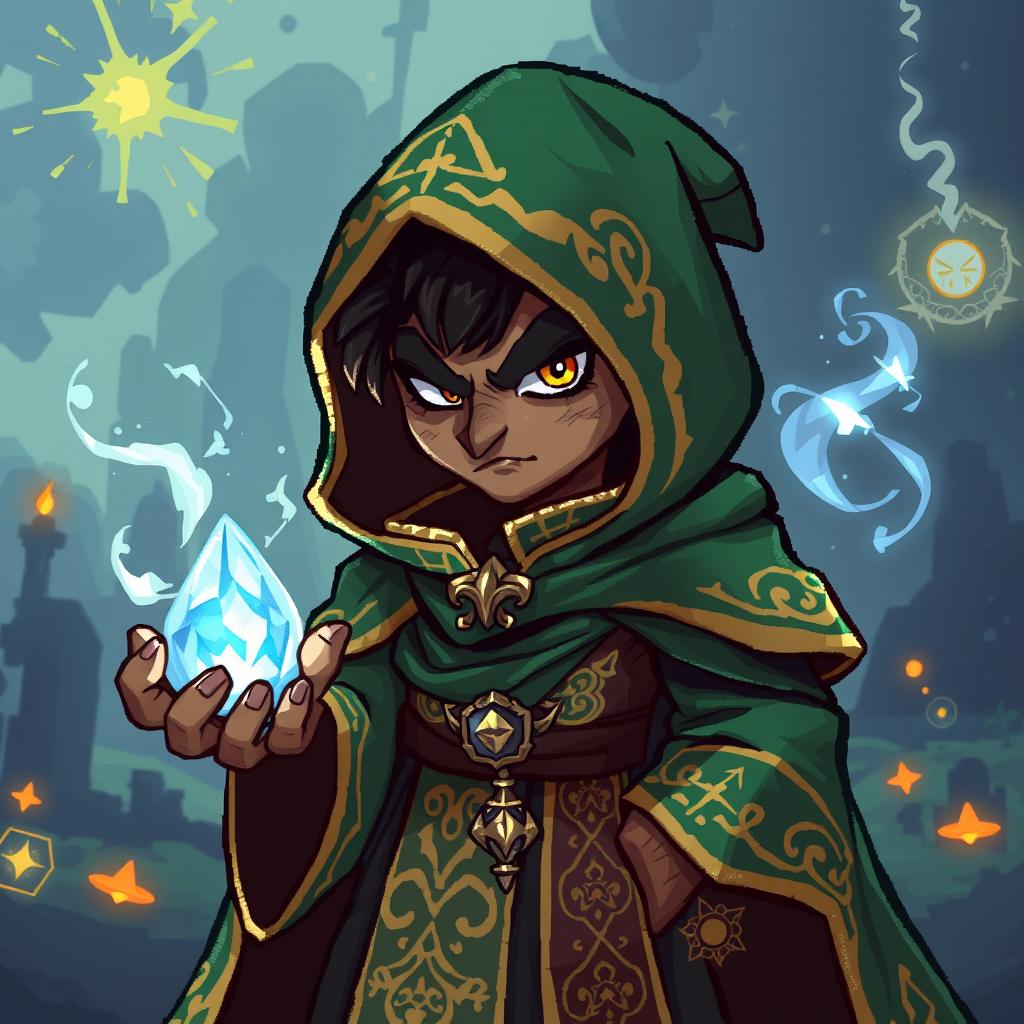 A pixel art character design of a cunning mage manipulator