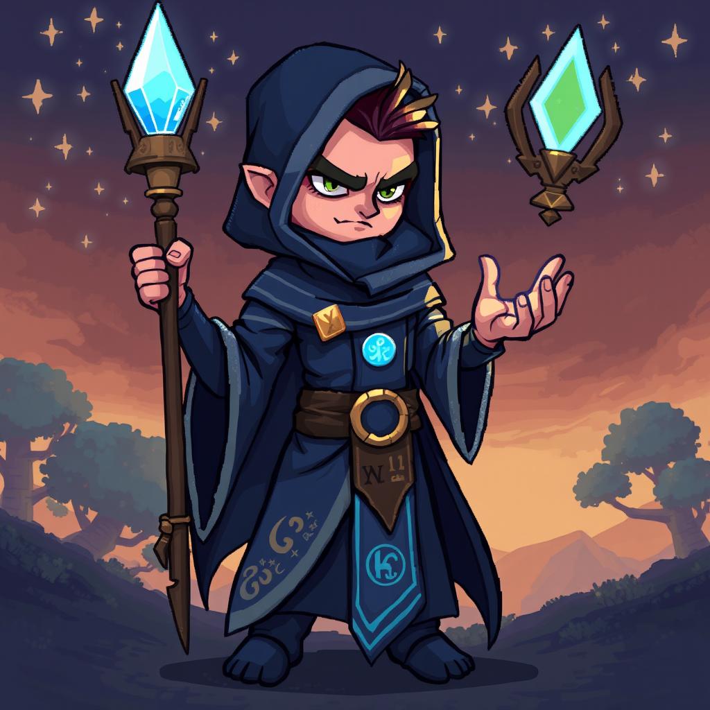 A pixel art game character design of a cunning mage manipulator