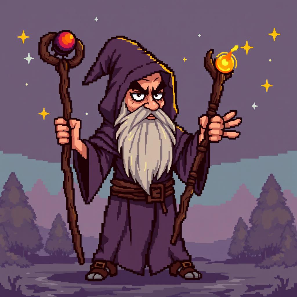 An old pixel art character design of a cunning mage manipulator, reminiscent of classic video game styles