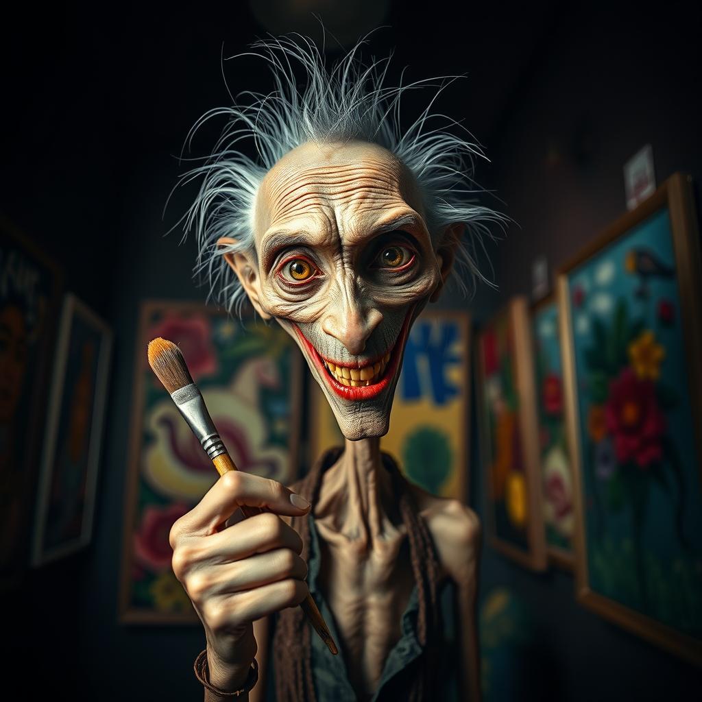 A skinny old man with a long, thin face and a creepy, unsettling smile, holding a paintbrush