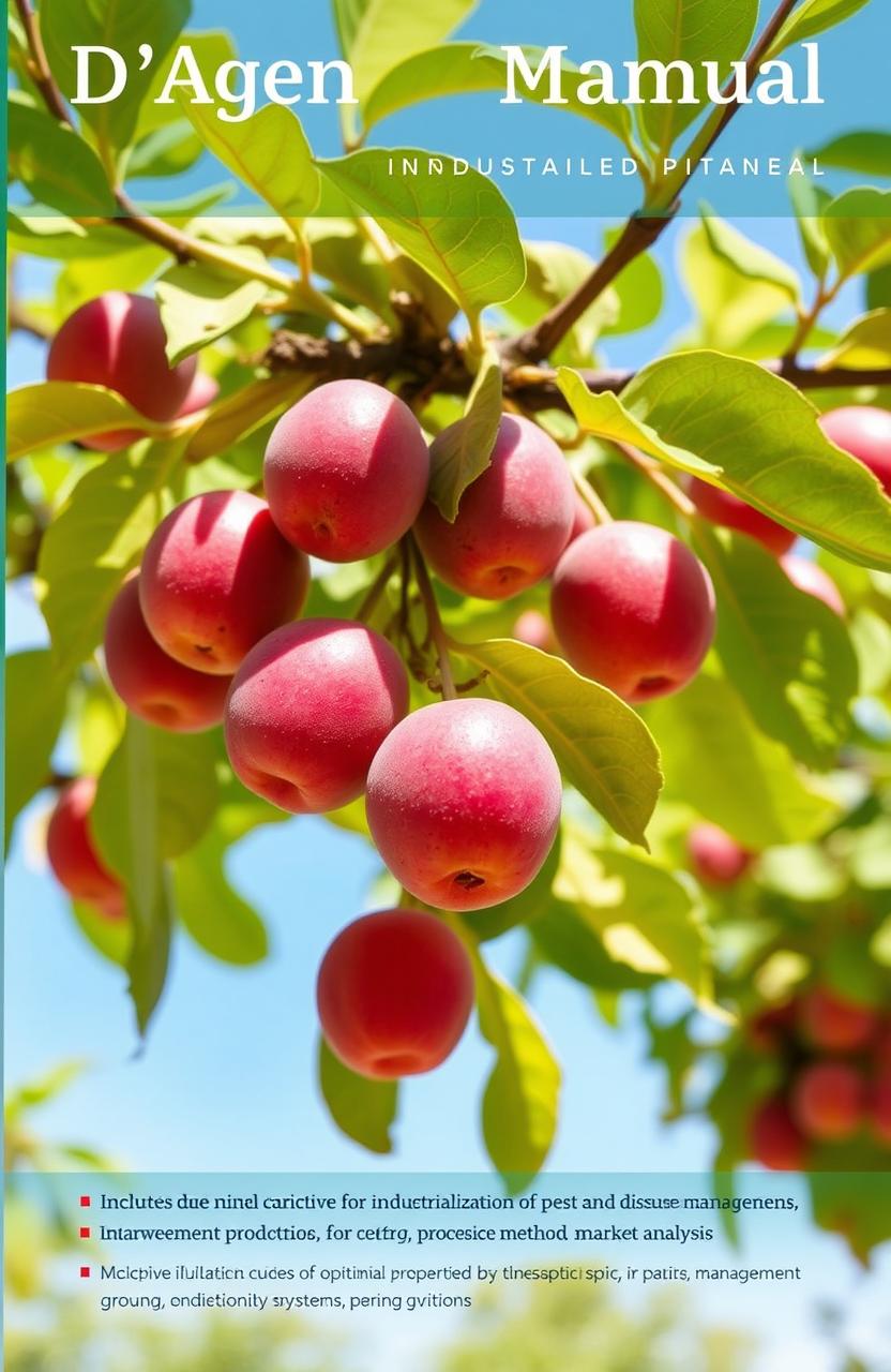 A detailed manual for the industrialization of the D'Agen plum variety (Prunus domestica), featuring sections on cultivation techniques, pest and disease management, harvesting practices, processing methods, and market analysis