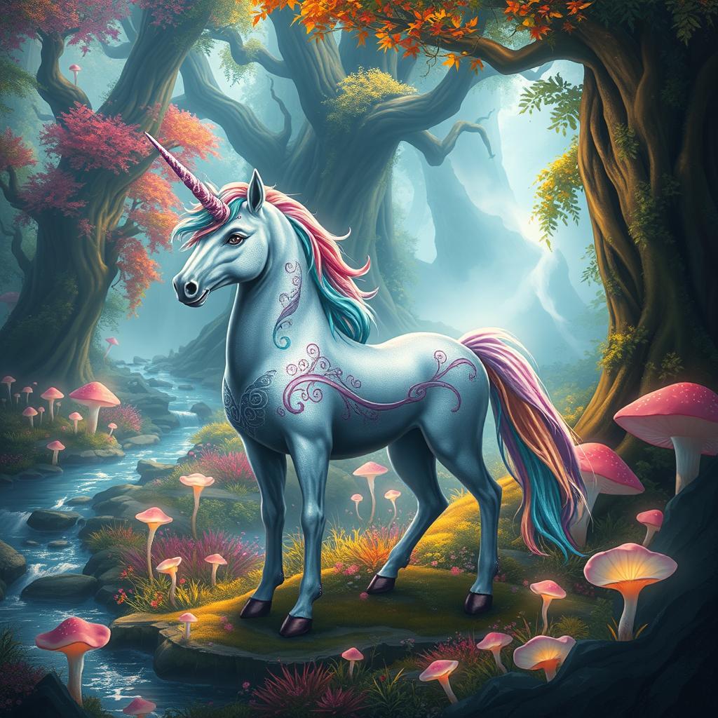 A mystical unicorn standing majestically in a vibrant fantasy forest, surrounded by colorful flora and ethereal lighting