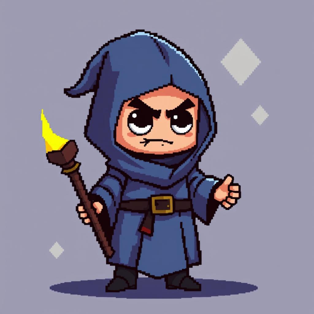 An unusual pixel art character design of a cunning mage manipulator, depicted in a non-detailed, simplistic style reminiscent of very old video games