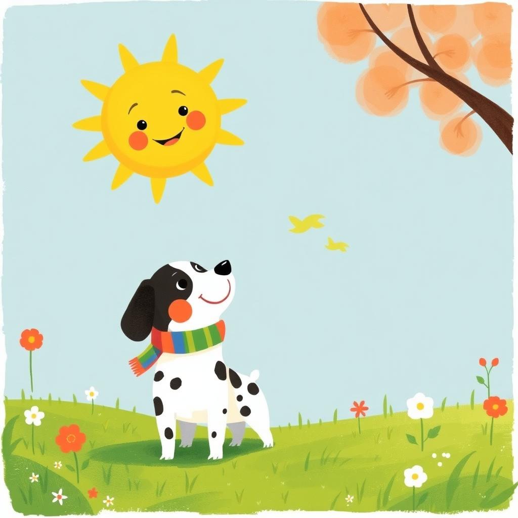 In a vibrant spring scene, a cute spotted dog stands happily on the lush green grass, gazing up at a large, adorable sun in the sky