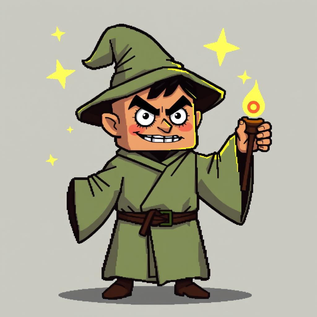 An unusual low-detail pixel art character design of a cunning mage manipulator, inspired by classic retro games