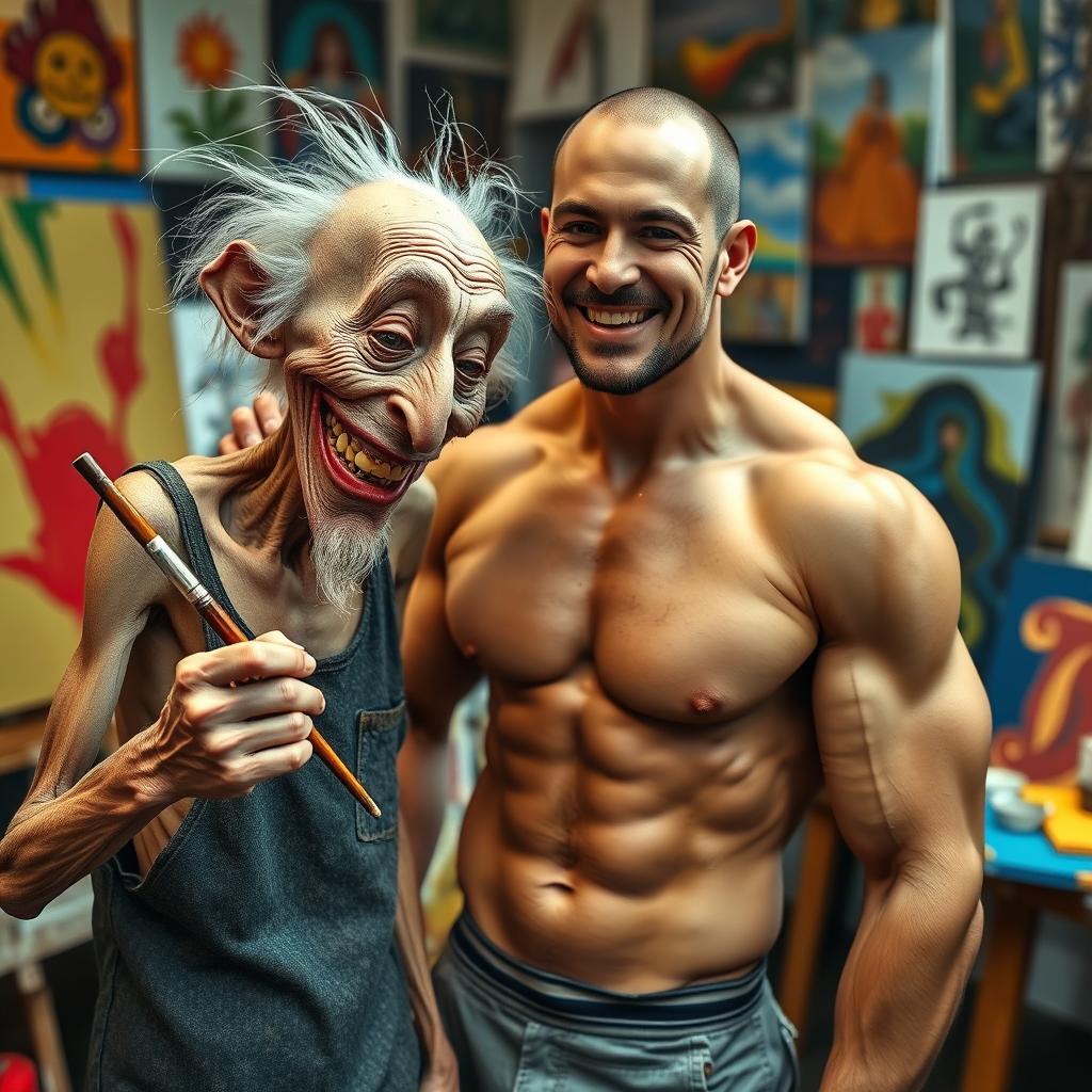 A skinny old man with a creepy smile, featuring a long, thin face and wispy white hair, playfully holding a paintbrush as he leans toward a young handsome muscular man