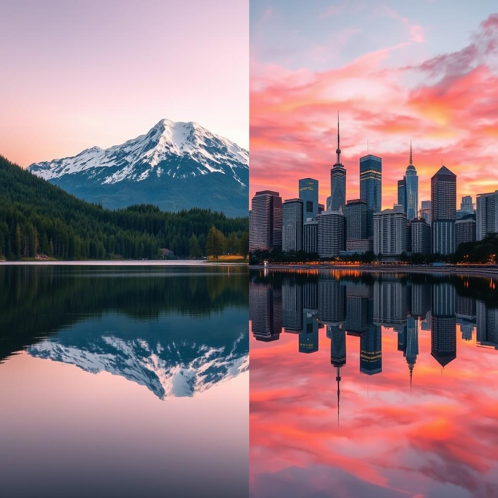 An artistic fusion of two distinct images: a serene mountain landscape at dawn with soft pastel skies reflecting on a crystal-clear lake, and a bustling city skyline at sunset with skyscrapers illuminated by vibrant lights