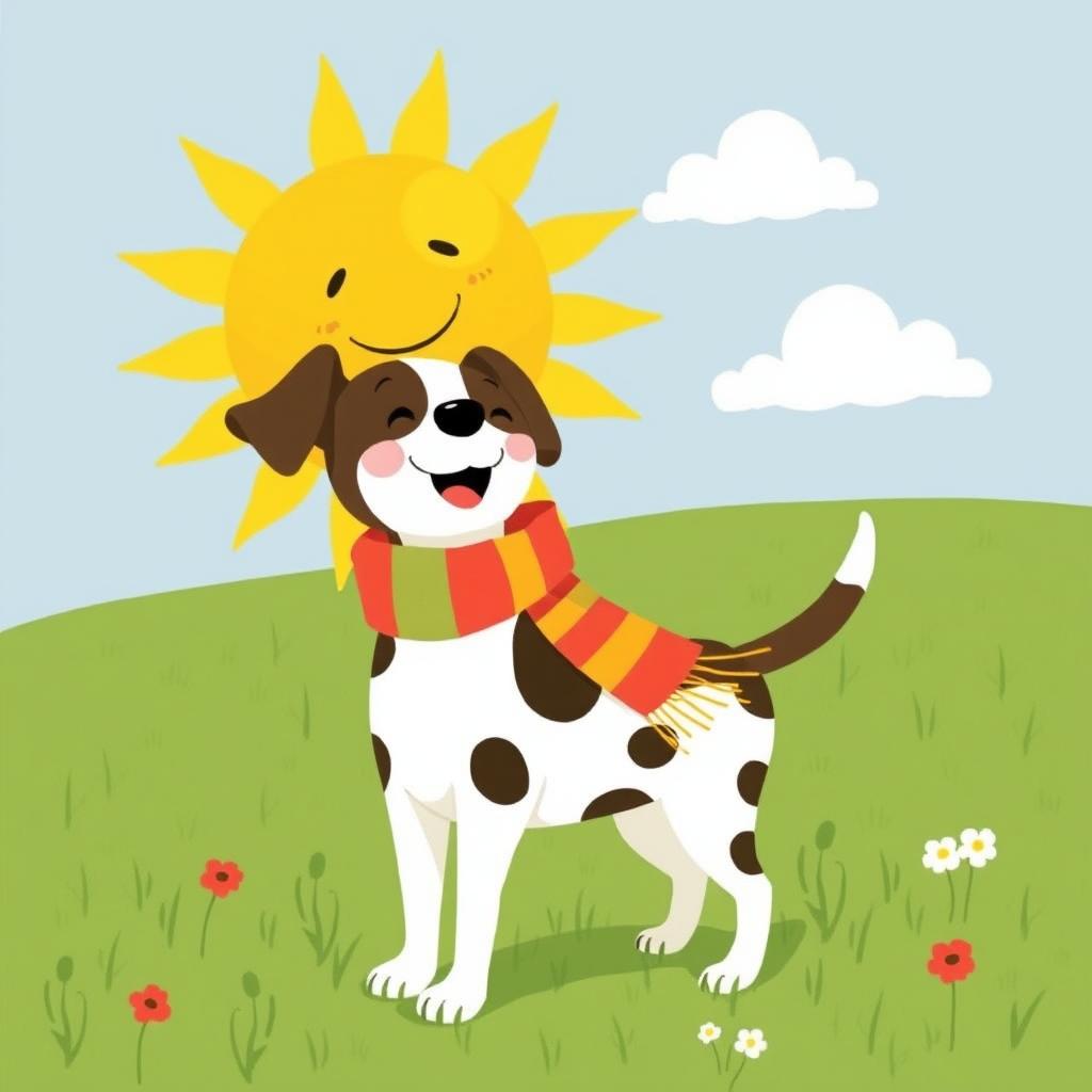 In a vibrant spring scene, a cute spotted dog stands joyfully on green grass, gazing up at a delightful big sun wrapped in a colorful scarf