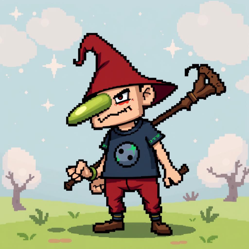 An unusual old pixel art character design of a cunning mage manipulator, featuring a distinctive green nose and wearing red pants