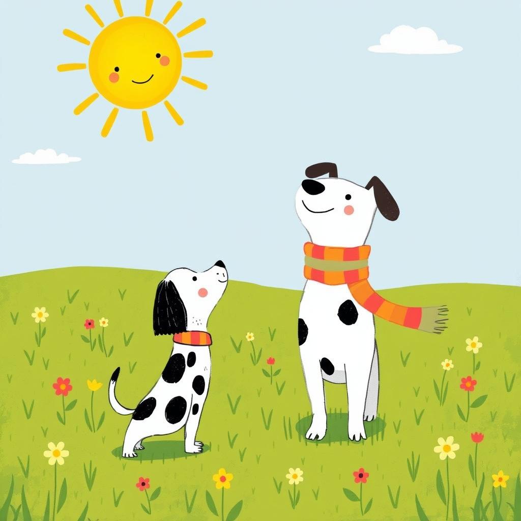 In a vibrant spring scene, a cute spotted dog stands happily on green grass, looking up at the sky