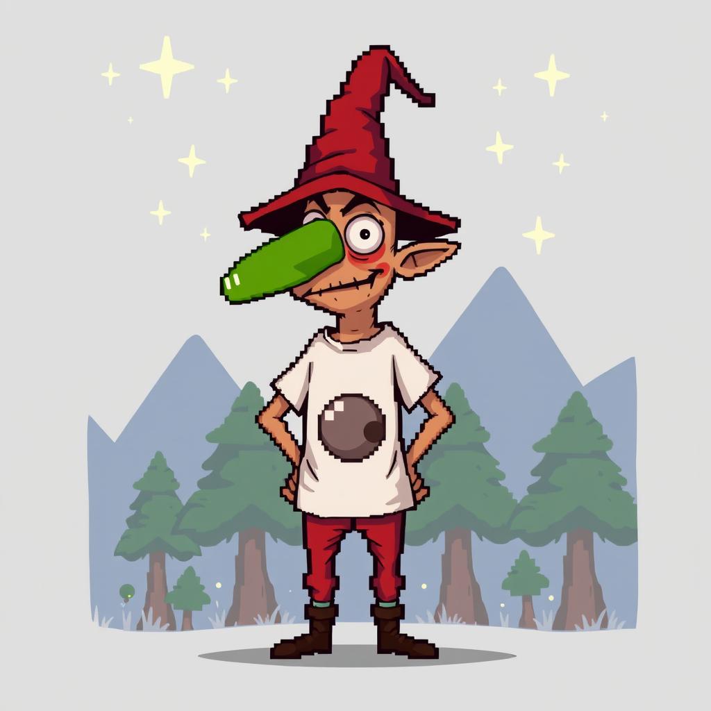 An unusual tall pixel art character design of a cunning mage manipulator, featuring a distinctive green nose