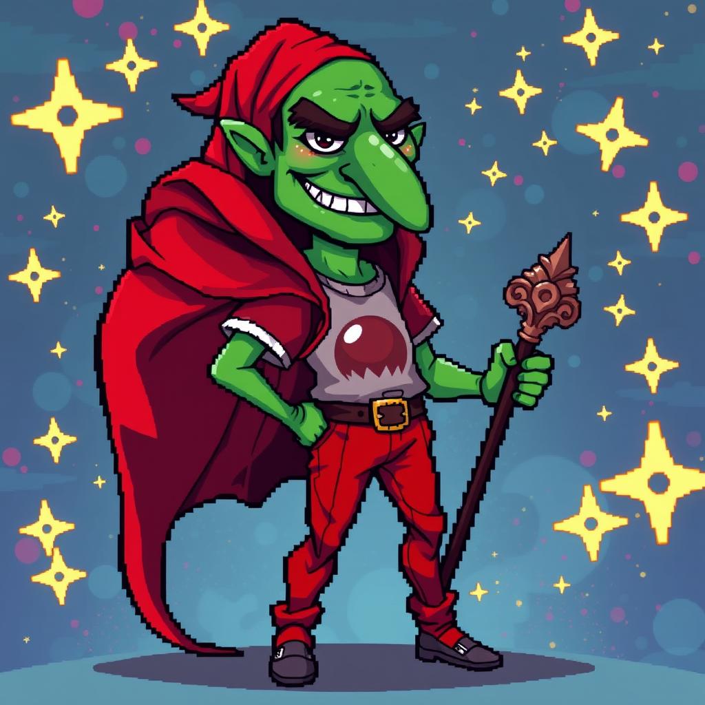 A beautiful and elegant unusual tall pixel art character design of a cunning mage manipulator, featuring a distinctive green nose