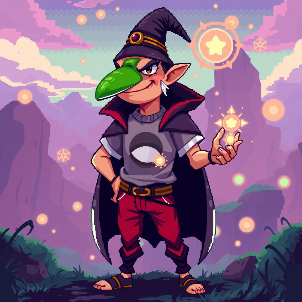 A beautiful and elegant unusual tall human pixel art character design of a cunning mage manipulator, featuring a distinctive green nose