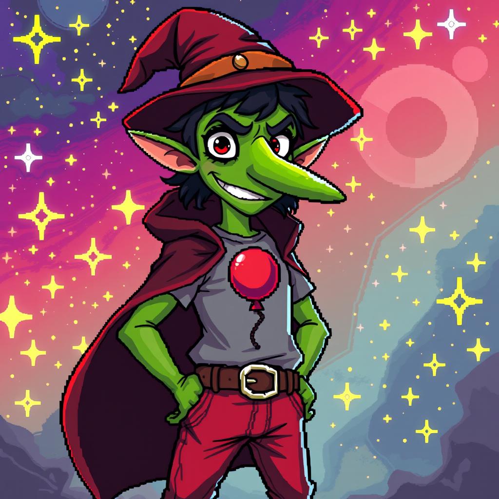 A beautiful and elegant unusual tall pixel art human character design of a cunning mage manipulator, featuring a striking green nose