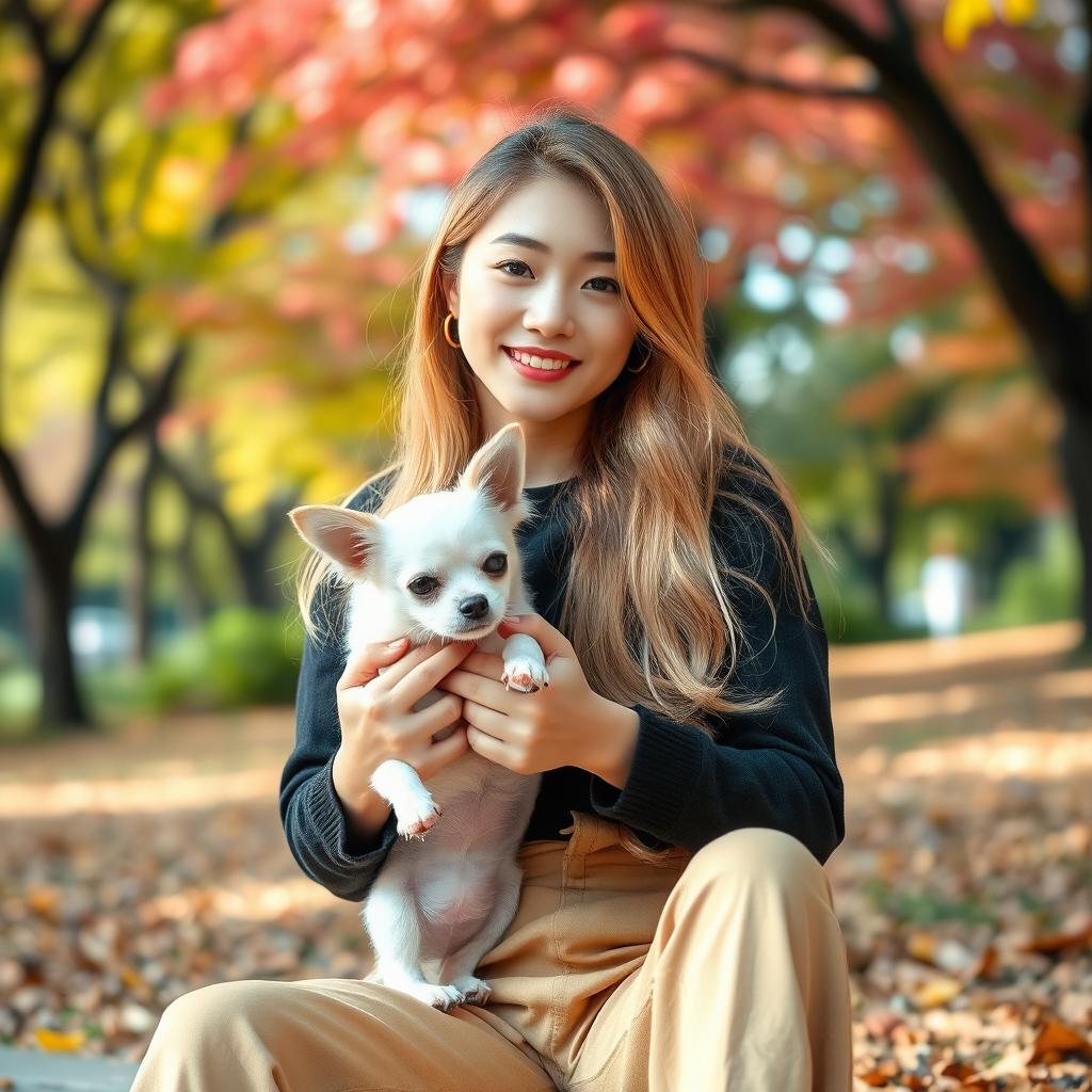 A stylish Korean girl with beautiful long blonde hair, wearing a trendy outfit, sitting in a cozy park setting, holding a small white Chihuahua in her arms