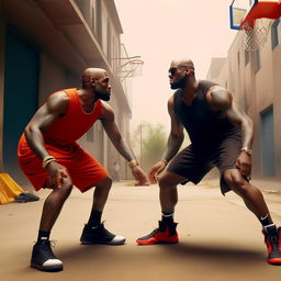 Kanye West and LeBron James in a friendly, animated basketball face-off on an urban street court. The scene is infused with energy and competitiveness.