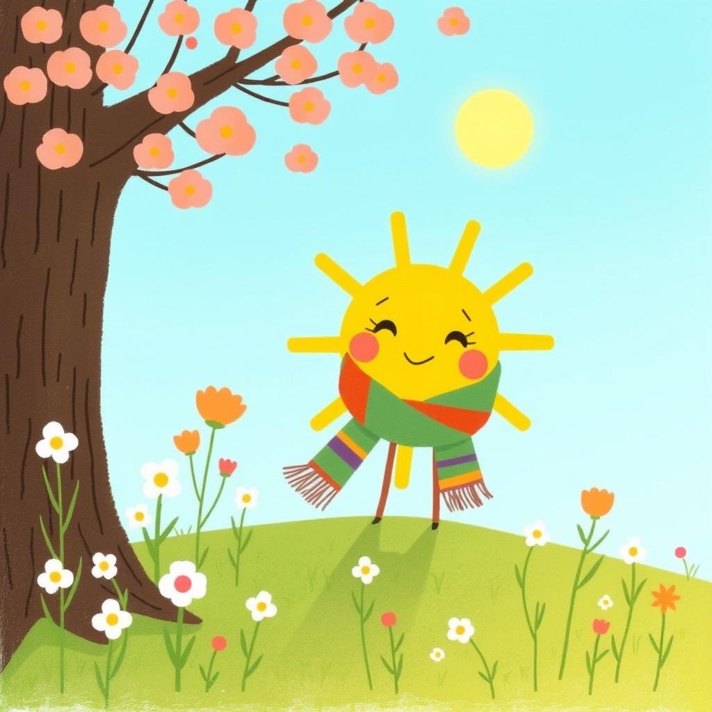 In spring, a cute sun with a colorful scarf wraps around it, shining brightly in a clear blue sky