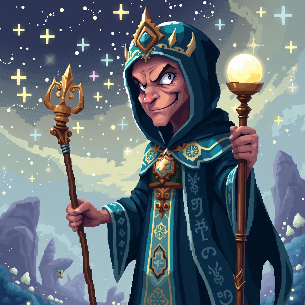 A beautiful and elegant unusual tall pixel art human character design of a cunning mage manipulator