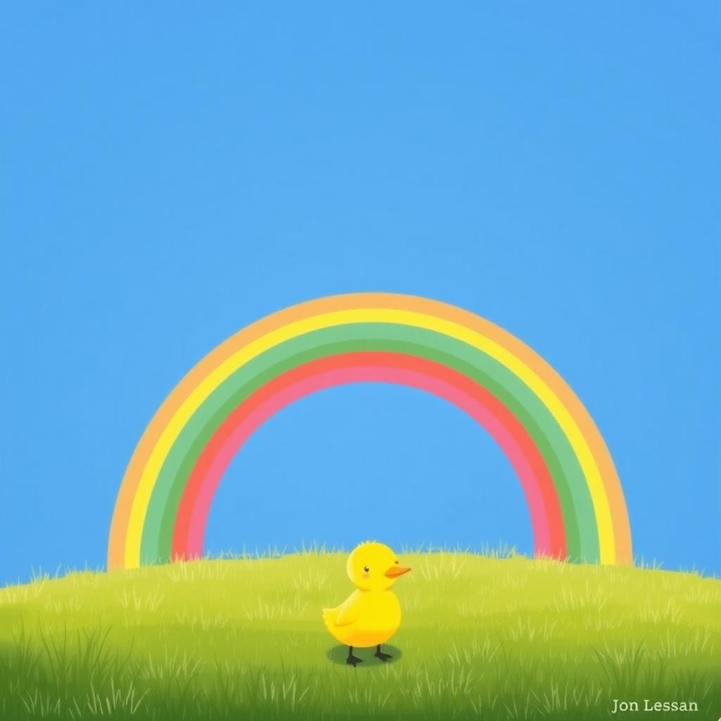 In spring, a vibrant seven-colored rainbow arcs across a bright blue sky, with adorable raindrops sliding down its surface
