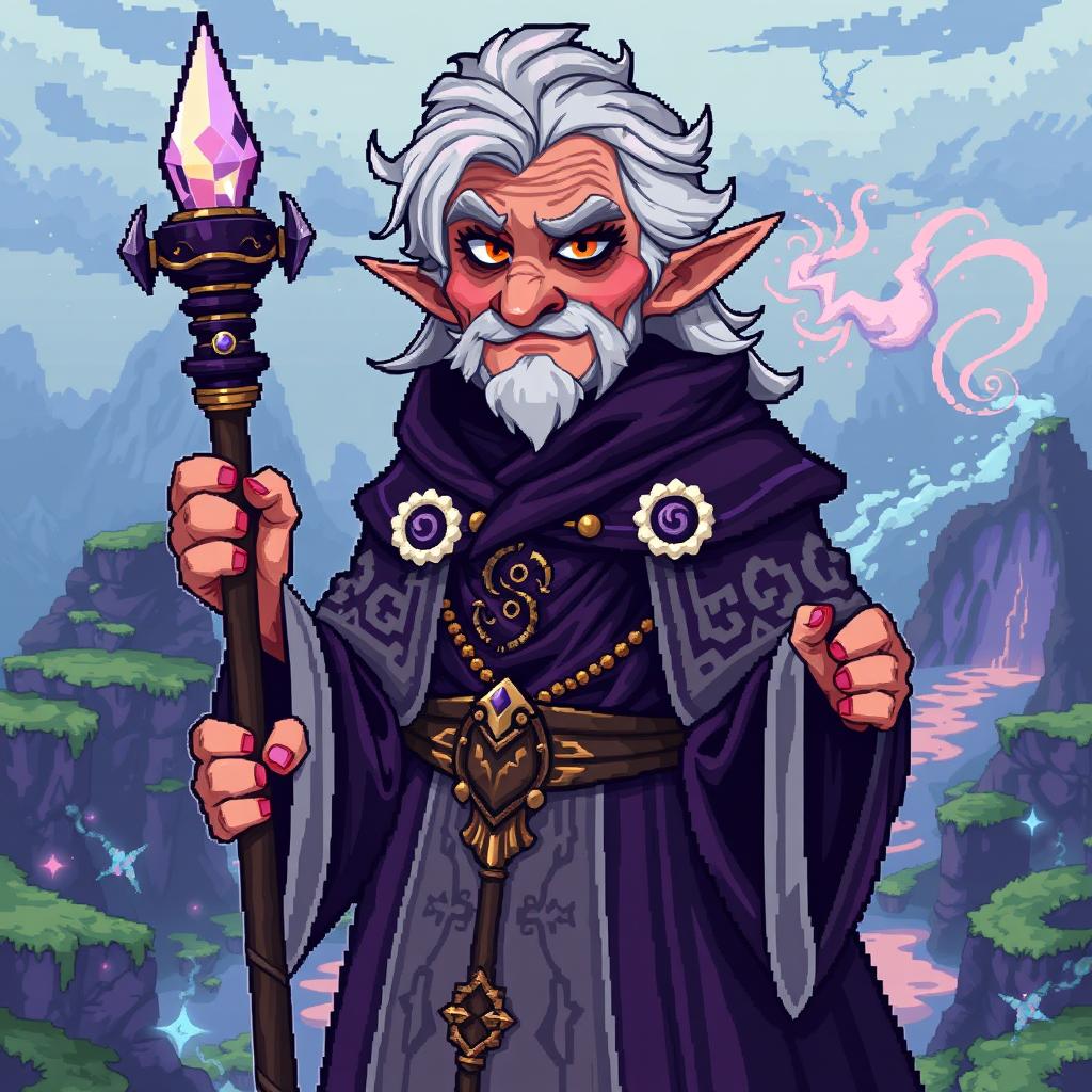 A beautiful and elegant unusual tall pixel art human character design of an older cunning mage manipulator