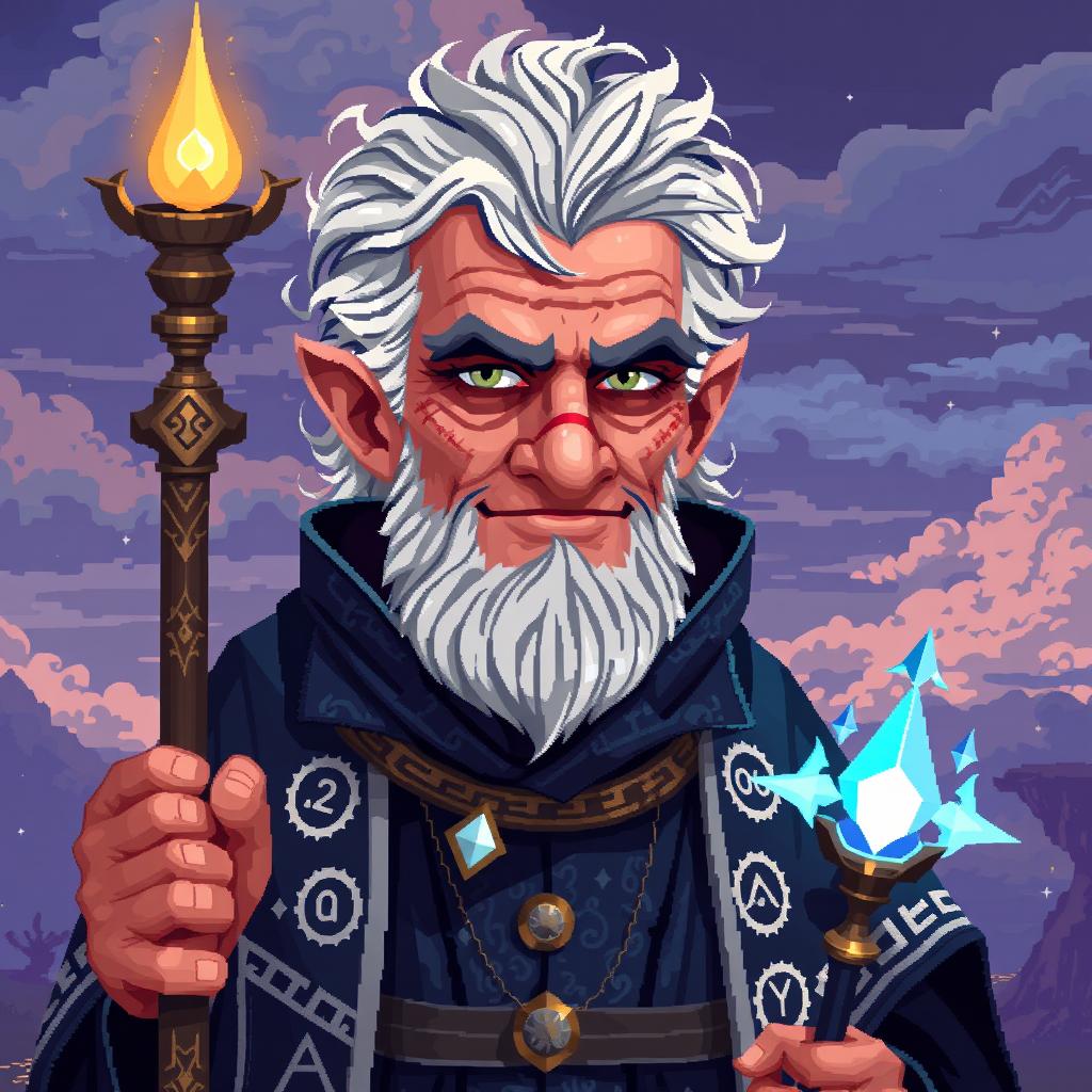 A beautiful and elegant unusual tall pixel art human character design of an older cunning mage manipulator