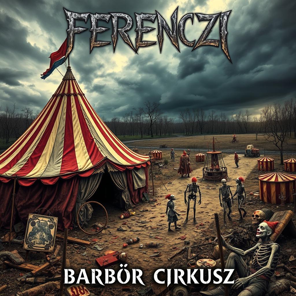 A heavy metal album cover featuring a post-apocalyptic circus scene, with a chaotic and dark atmosphere