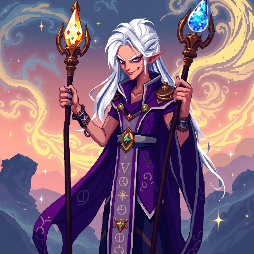 A beautiful and elegant skinny unusual tall pixel art human character design of an older cunning mage manipulator