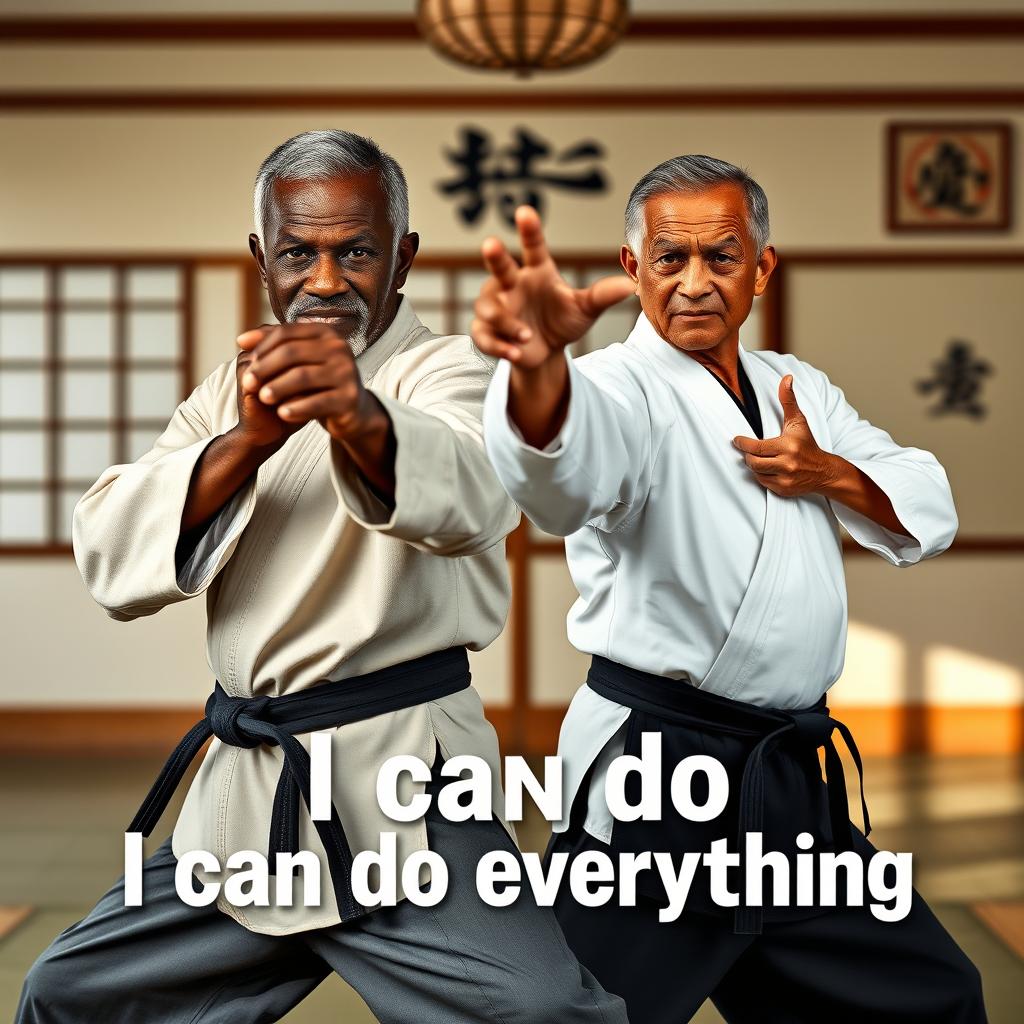 A 60-year-old dark-skinned man demonstrating a karate pose, with a powerful and confident expression, showcasing his skills