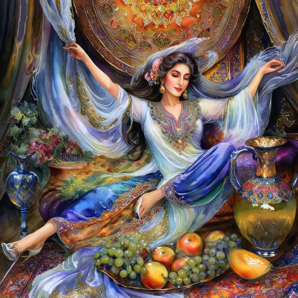 A mystical and spiritual watercolor painting of a beautiful Iranian woman reclining on a royal back inside a beautiful Iranian home with shiny and colorful silk carpets, fruit and grape dishes, traditional vases, and colorful flowers.
