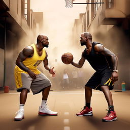 Kanye West and LeBron James in a friendly, animated basketball face-off on an urban street court. The scene is infused with energy and competitiveness.