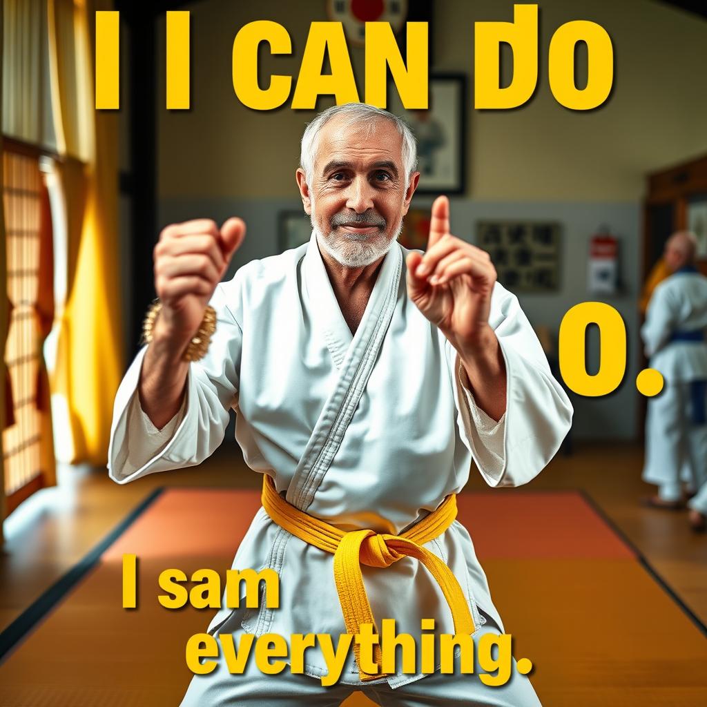 A vibrant and dynamic scene featuring a 60-year-old man with a yellow belt practicing Karate and Aikido, showcasing his skills in a dojo