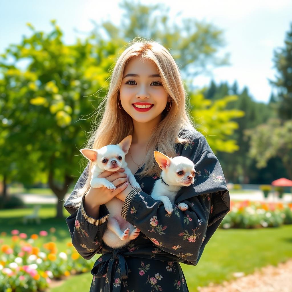 A Korean girl with blonde hair, styled elegantly, holding a small white Chihuahua in her arms