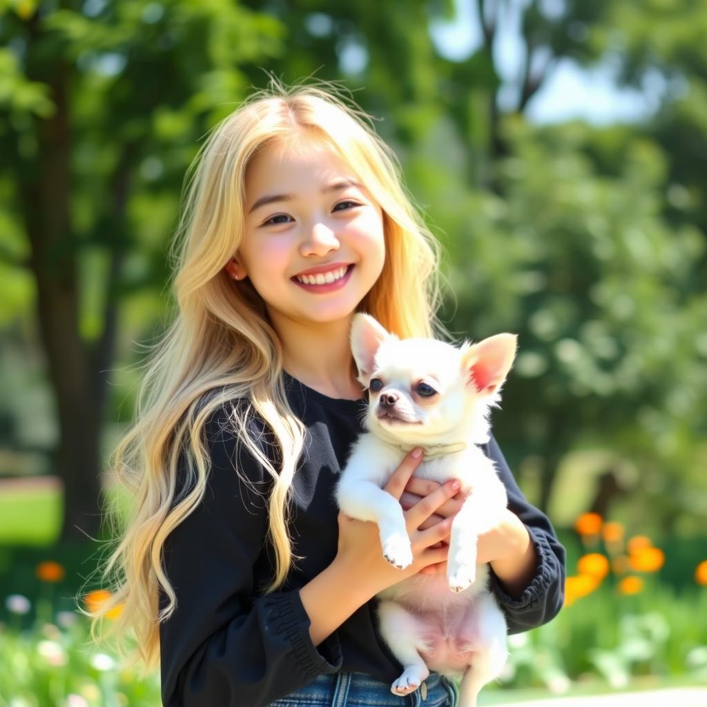 A cute blonde Korean girl smiling while holding a small white Chihuahua in her arms