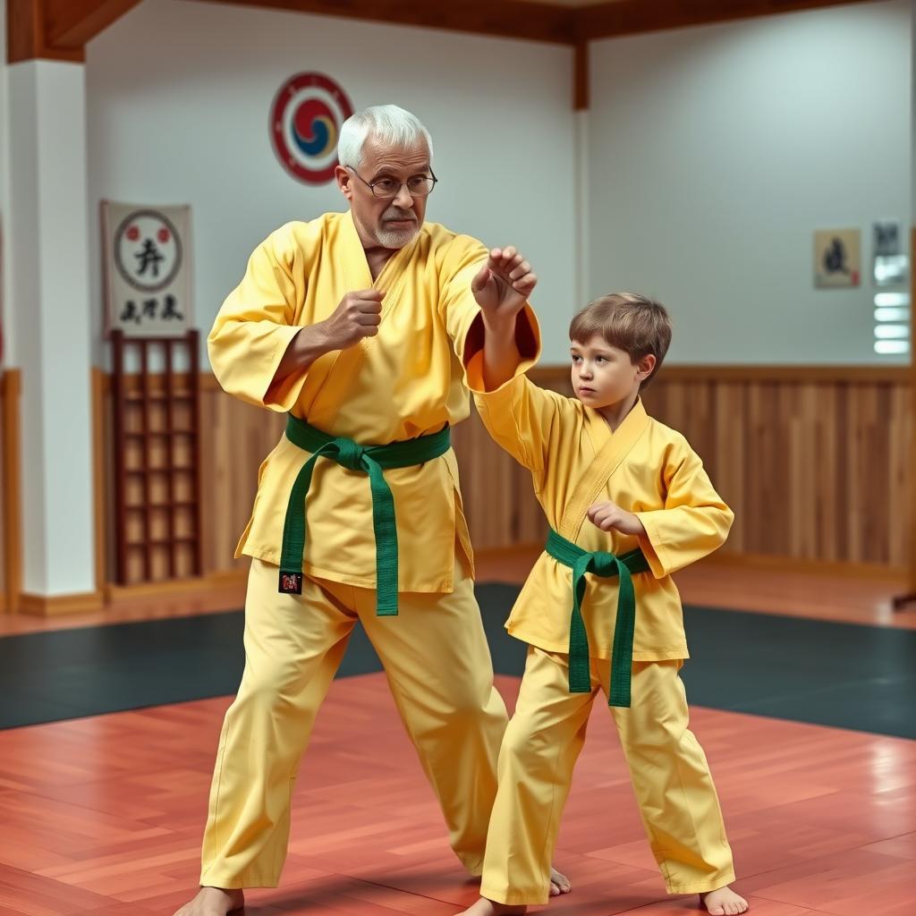 A 60-year-old man practicing karate, wearing a traditional yellow gi and a green belt, demonstrating martial arts techniques