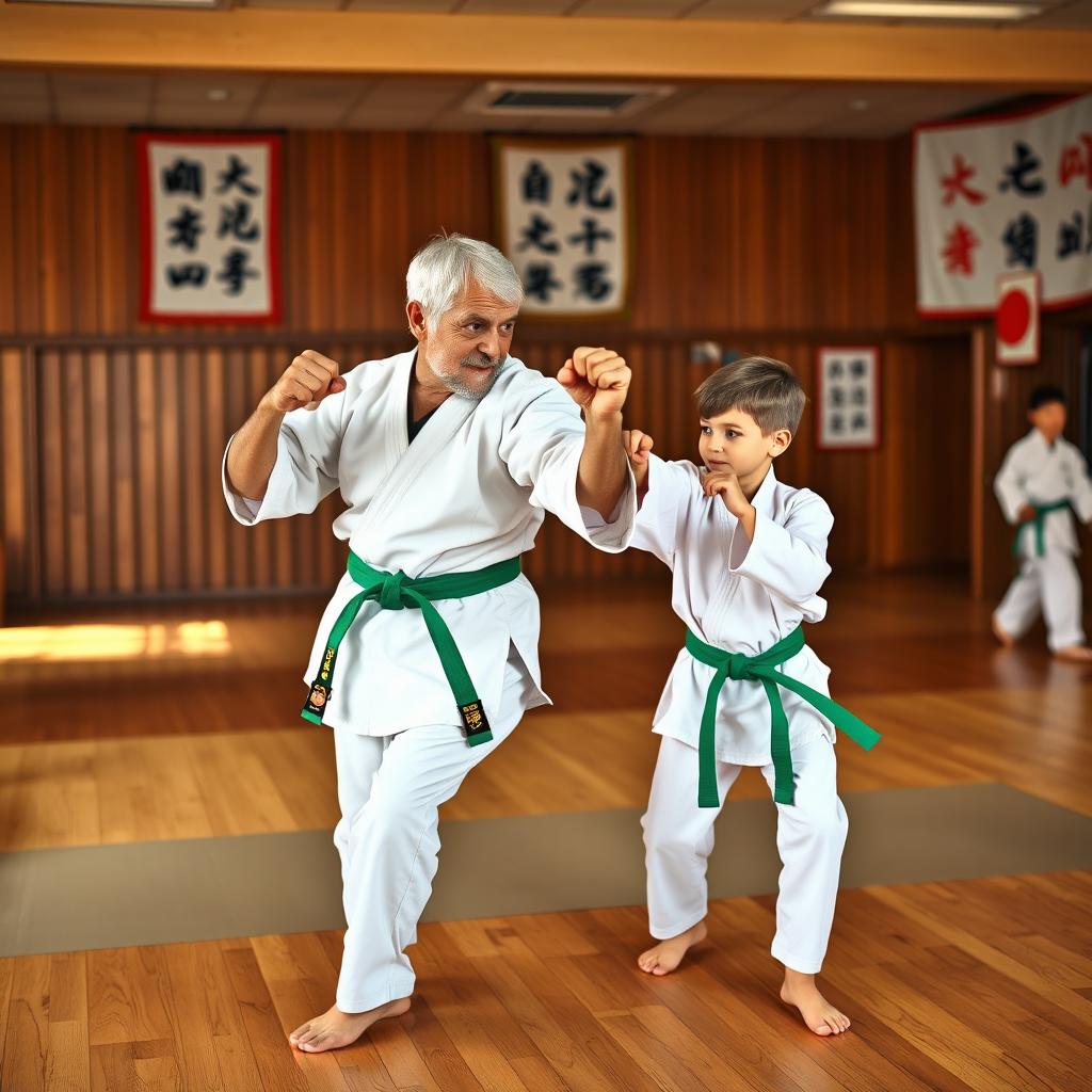 A dynamic scene capturing a 60-year-old karate man practicing martial arts alongside his 8-year-old son, both wearing green belts