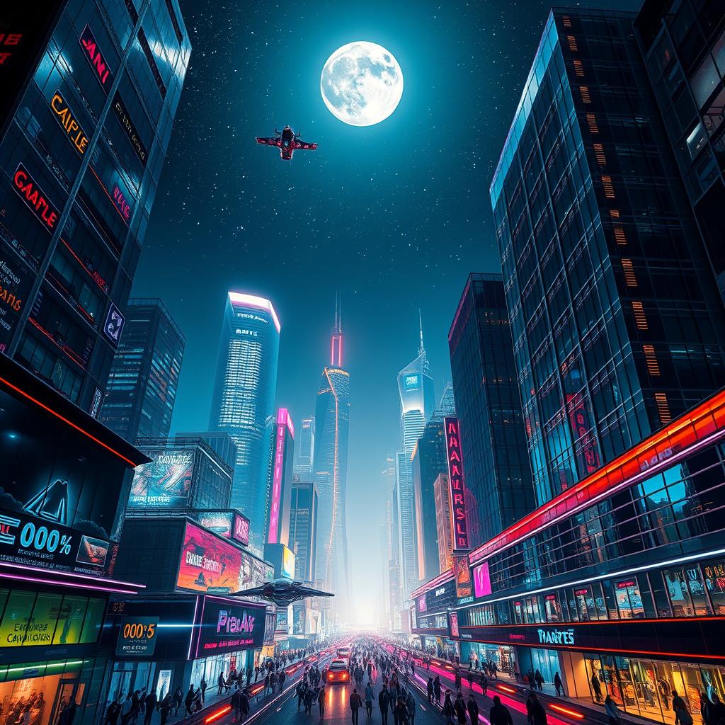 A dazzling futuristic cityscape at night, featuring gleaming skyscrapers made of glass and steel, illuminated by colorful neon lights
