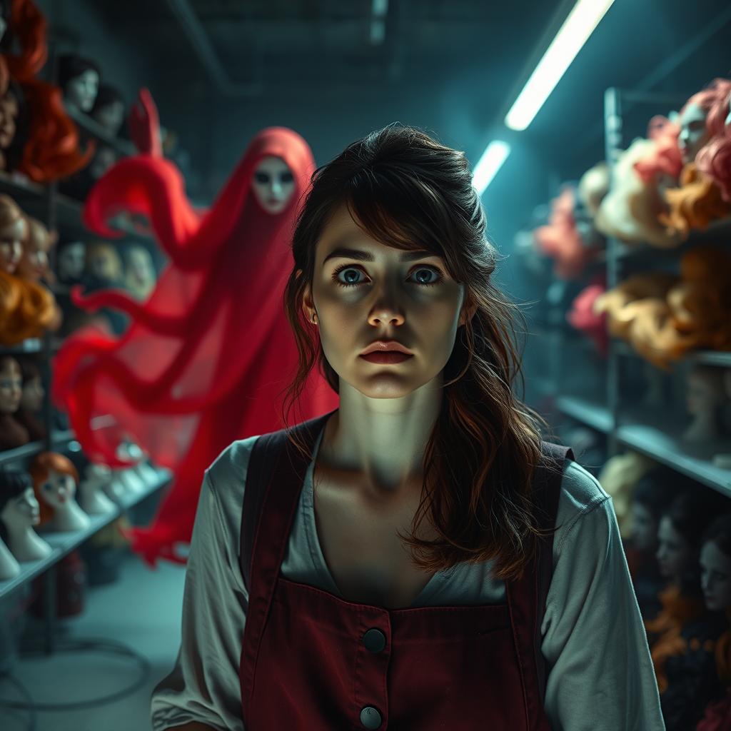 A chilling horror-themed image featuring a woman working in a wig factory, surrounded by colorful wig hair on display