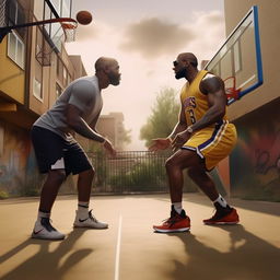 Kanye West and LeBron James in a friendly, animated basketball face-off on an urban street court. The scene is infused with energy and competitiveness.