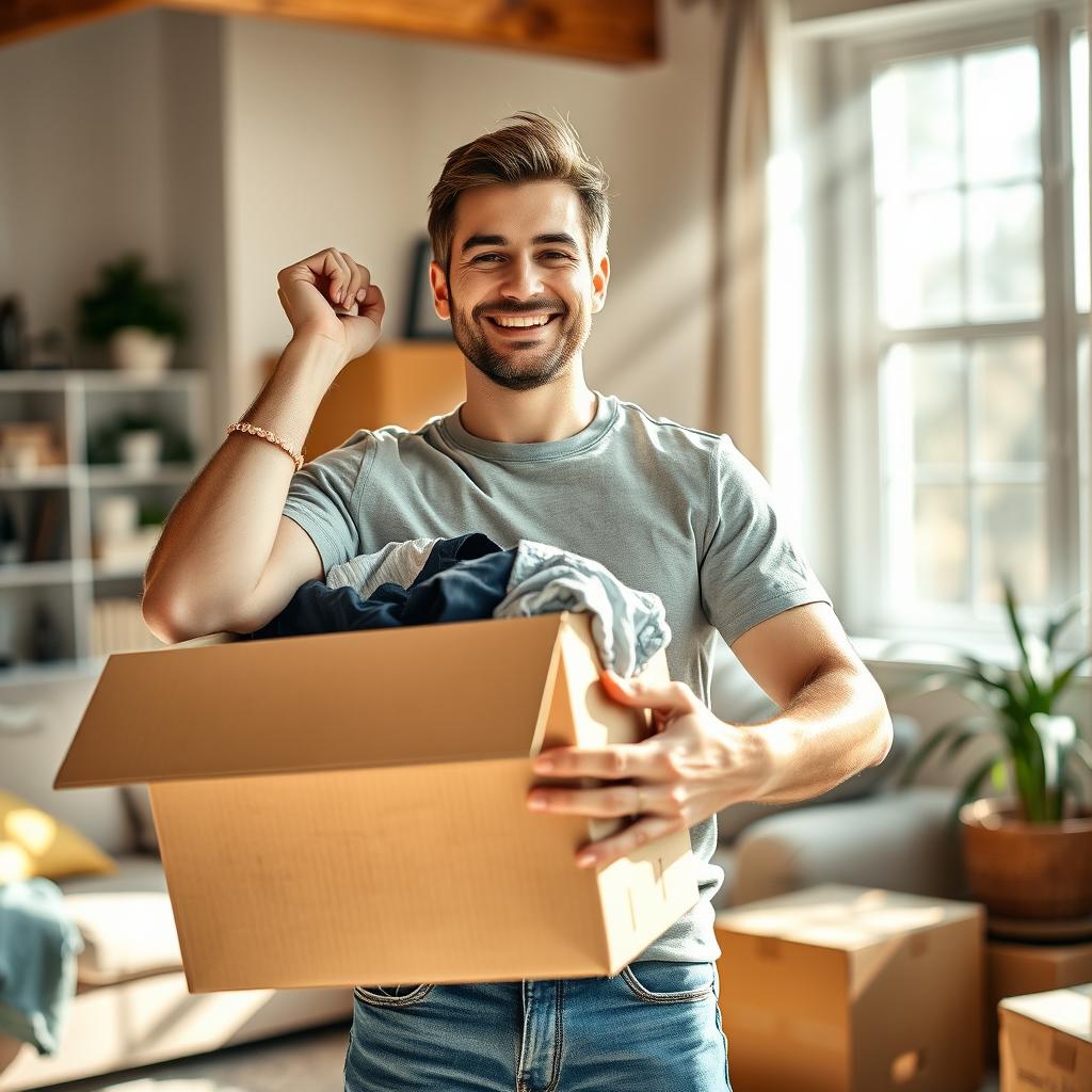 A cheerful man with a bright smile, dressed in casual attire consisting of a t-shirt and jeans, is in a cozy living room or a well-lit office filled with natural light