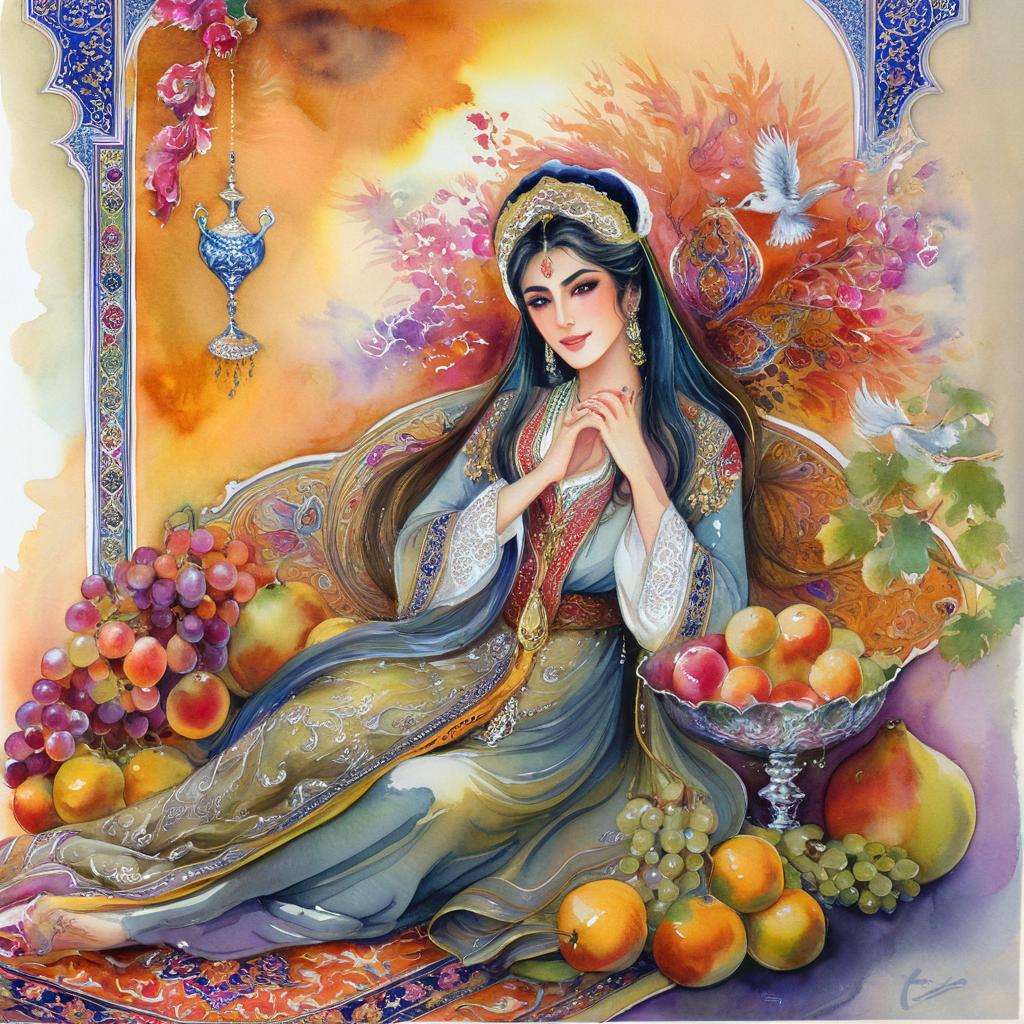 A mystical and spiritual watercolor painting of a beautiful Iranian woman reclining on a royal back inside a beautiful Iranian home with shiny and colorful silk carpets, fruit and grape dishes, traditional vases, and colorful flowers.