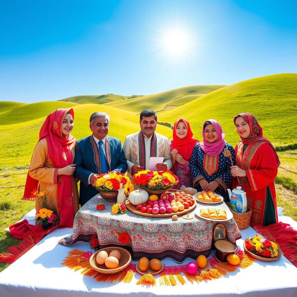 Five people celebrating Nowruz in the steppe, surrounded by traditional decorations, wearing colorful traditional clothing and engaged in joyful festivities