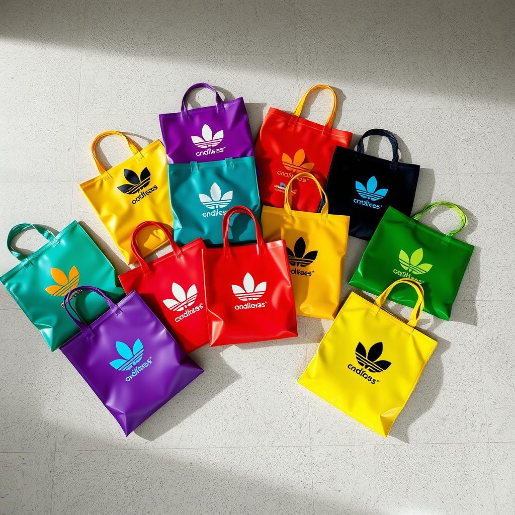 A variety of colorful polymer bags spread out on a clean, textured floor