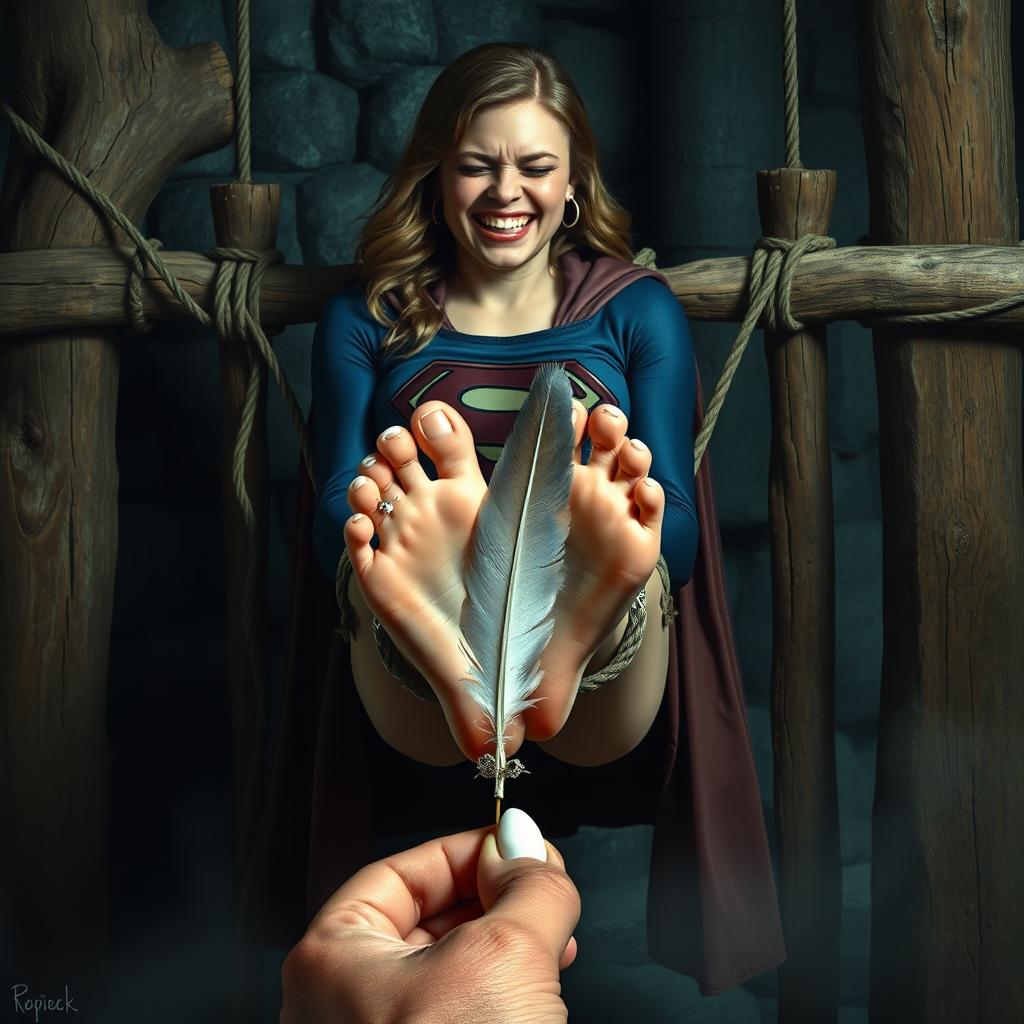 Supergirl captured in a dramatic fantasy dungeon setting