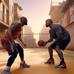 Kanye West and LeBron James in a friendly, animated basketball face-off on an urban street court. The scene is infused with energy and competitiveness.